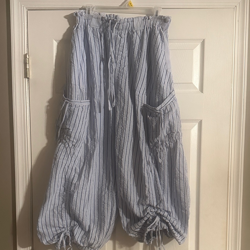 Light Blue Striped Elastic Waist Harem Pants